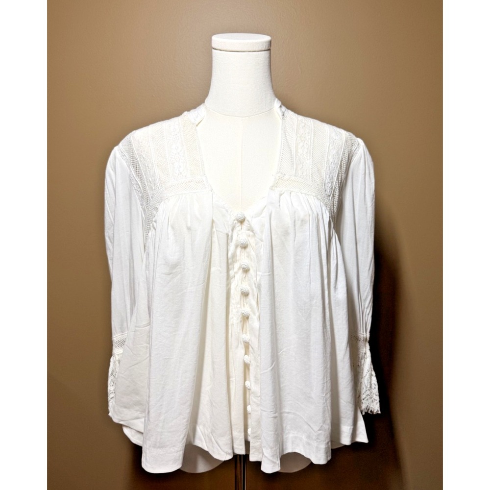 Free People Esme Blouse Women XS White Lace Button Front Boho Victorian Tunic